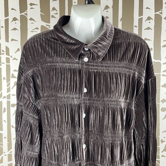 Shirred Velour Button Front Top Cocoa Brown M - Picture 5 of 12